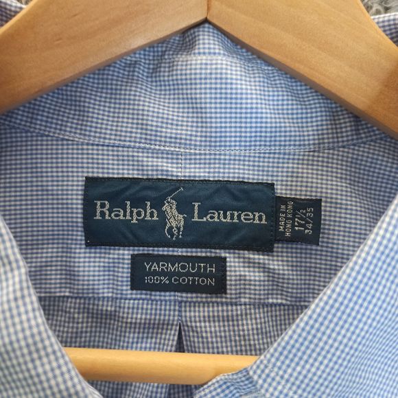 Ralph Lauren Shirt Men 17.5 34/35 Blue White Plaid Stripped Casual Button Down - Picture 4 of 8